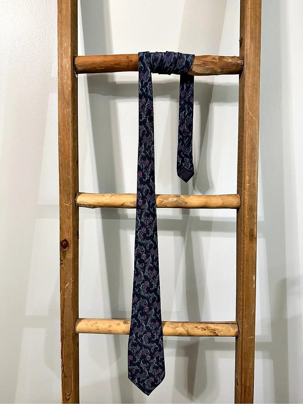Vintage 90s Valentino Cravatte Silk Tie Navy/Teal Purple/Leaf Scroll Narrow